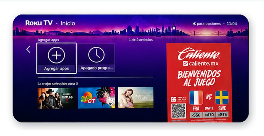 Pantalla de inicio de Roku con la opción Agregar apps seleccionada