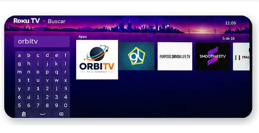 Buscador de Roku mostrando el resultado de la app ORBITV al escribir orbitv