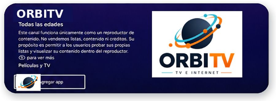 Ficha de la app OrbiTV en Roku con el botón Agregar app