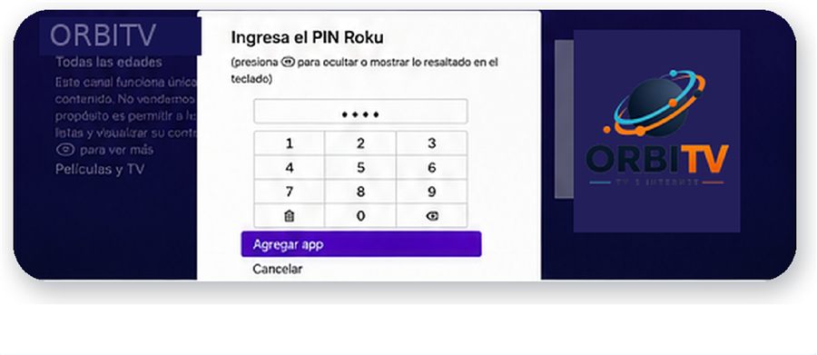 Pantalla para ingresar el PIN de Roku antes de agregar la app