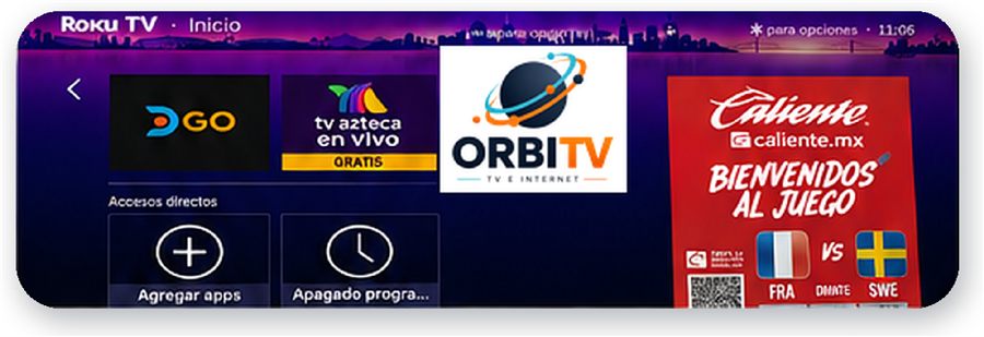 Pantalla de inicio de Roku con el ícono de OrbiTV entre las demás aplicaciones